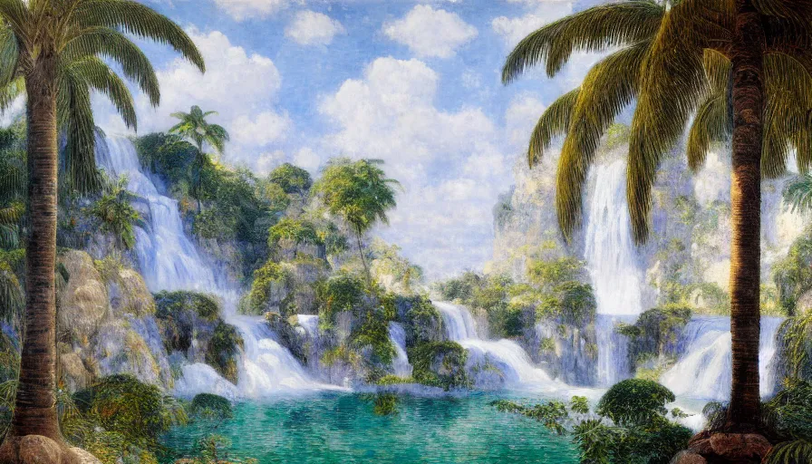 Image similar to a ultradetailed beautiful painting of the diamonds waterfall in the amazonas palace balustrade designed by jules bastien - lepage, tarsila do amaral, frank weston and gustave baumann, beach, trending on artstation, mediterranean, palm trees, sharp focus, soft light, 8 k 4 k