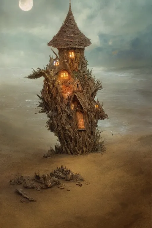 Prompt: wide angle view, a beautiful digital painting of a fairy house made of sand and driftwood on a beautiful coastline, tranquil day, magical, by greg rutkowski, brian froud, marc simonetti, jean - baptiste monge, symmetry, complementary colors, ink illustration, trending on artstation