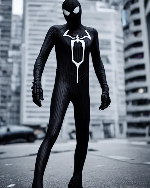 Image similar to black and white cyberpunk spiderman suit sleek suit