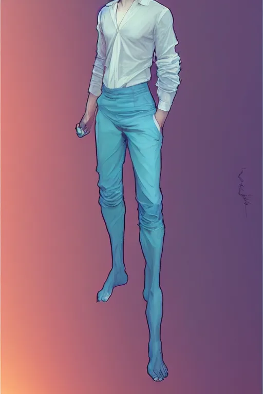 Prompt: full figure portrait of a single beautiful young fit man, dressed of modern transparent fluent shirt and large linen pants, bare feet, by greg rutkowski and alphonse mucha, d & d character, gradient black to cyan, interior design background, highly detailed portrait, digital painting, artstation, concept art, smooth, sharp focus ilustration, artstation hq
