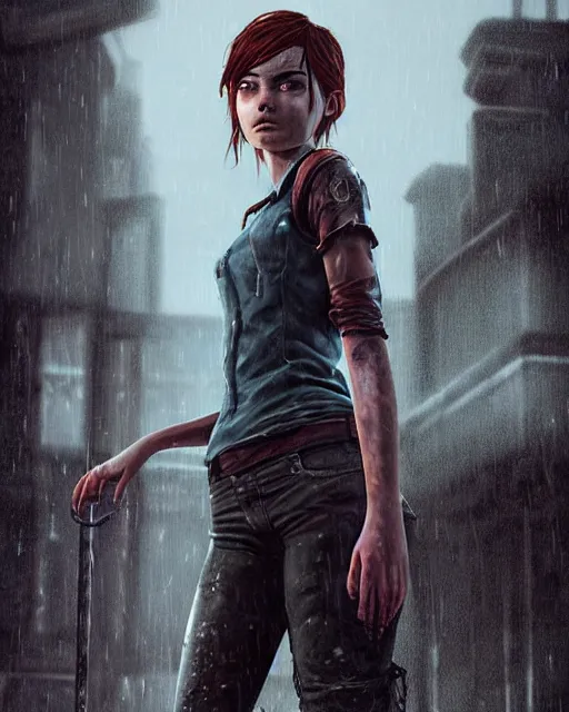 Image similar to An epic fantasy comic book style portrait painting of a very beautiful imposing Industrial goth Ellie (The Last of Us) in the rain, wet hair, neon reflections, character design by Mark Ryden and Pixar and Hayao Miyazaki, unreal 5, DAZ, hyperrealistic, octane render, cosplay, RPG portrait, dynamic lighting, intricate detail, cinematic