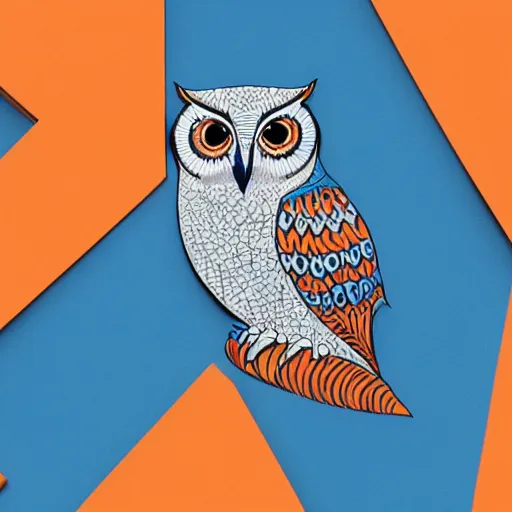 Prompt: logo featuring an owl's head as origami art with piercing white eyes, blue and orange colors, white background, Cut style, detailed