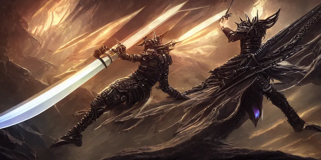 Image similar to legendary cybernetic full long sharp sword lying flat on a glowing table with a black and iridescent sword blade, digital award winning hd matte painting, intimate dark moody, intricate, ornate spikes, colorful gems on hilt, detailed realistic raytraced blade, future golden technological pommel, in the style of greg rutkowski and krenz cushart, deviantart