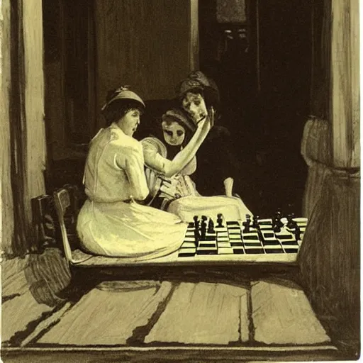 Image similar to two young edwardian women playing chess by a window at night, a beach reflecting moonlight is visible in the background, in the style of anders zorn