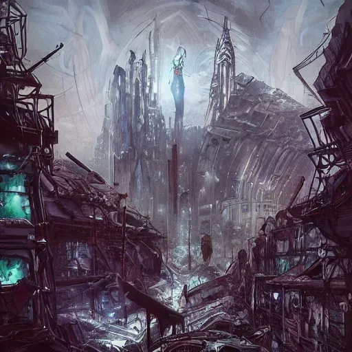 Image similar to abandoned ruined futuristic mega city, gothic art, color, detailed, eerie, emotional, sad, highly detailed, sharp focus, motherboard, Artstation, deviantart, artgem, golden ratio, n the style of Heavy Metal Comics