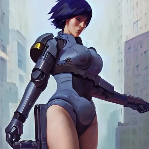 Image similar to greg manchess portrait painting of invisible armored motoko kusanagi as overwatch character, medium shot, asymmetrical, profile picture, organic painting, sunny day, matte painting, bold shapes, hard edges, street art, trending on artstation, by huang guangjian, gil elvgren, ruan jia, greg rutkowski, gaston bussiere