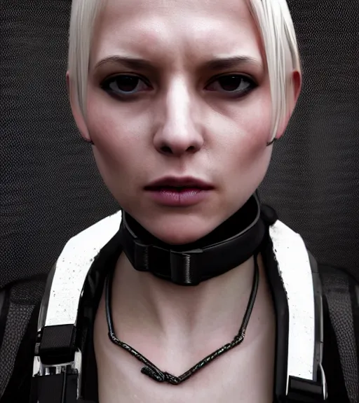 Image similar to detailed realistic female character cyberpunk wearing thick steel collar around neck, realistic, art, beautiful, 4K, collar, choker, collar around neck, punk, artstation, detailed, female, woman, choker, cyberpunk, neon, punk, collar, choker, collar around neck, thick collar, tight around neck, punk, choker