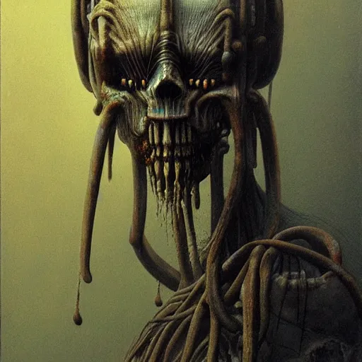 Image similar to horrific human cyborg, beksinski style painting, dark, scary, highly detailed