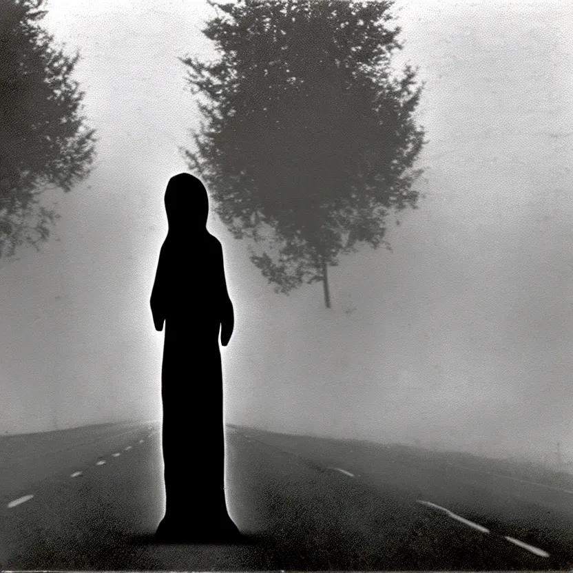 Image similar to 1 9 8 0's recovered film of a pale white figure standing silently on the side of a misty road, photorealistic, grainy, camcorder, old film, low quality, horror, creepy, unsettling, liminal, strangely terrifying