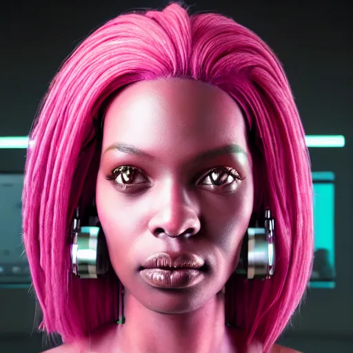 Image similar to portrait of a beautiful caribbean woman with pink hair as a cyberpunk cyborg half robot, revealing wires and electronics, circuit boards, wire management, sci - fi, missing panels, intricate abstract upper body intricate artwork, concept art, octane render, deviantart, cinematic, key art, hyperrealism, iridescent accents, portrait photograph, nikon 3 5 mm, photograph by greg rutkowski