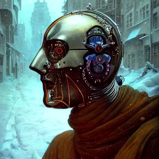 Image similar to portrait of a cyborg on the art deco streets of the undying empire city of ya - sattra during the festival of masks, snow, winter, award - winning realistic sci - fi concept art by beksinski, bruegel, greg rutkowski, alphonse mucha, and yoshitaka amano