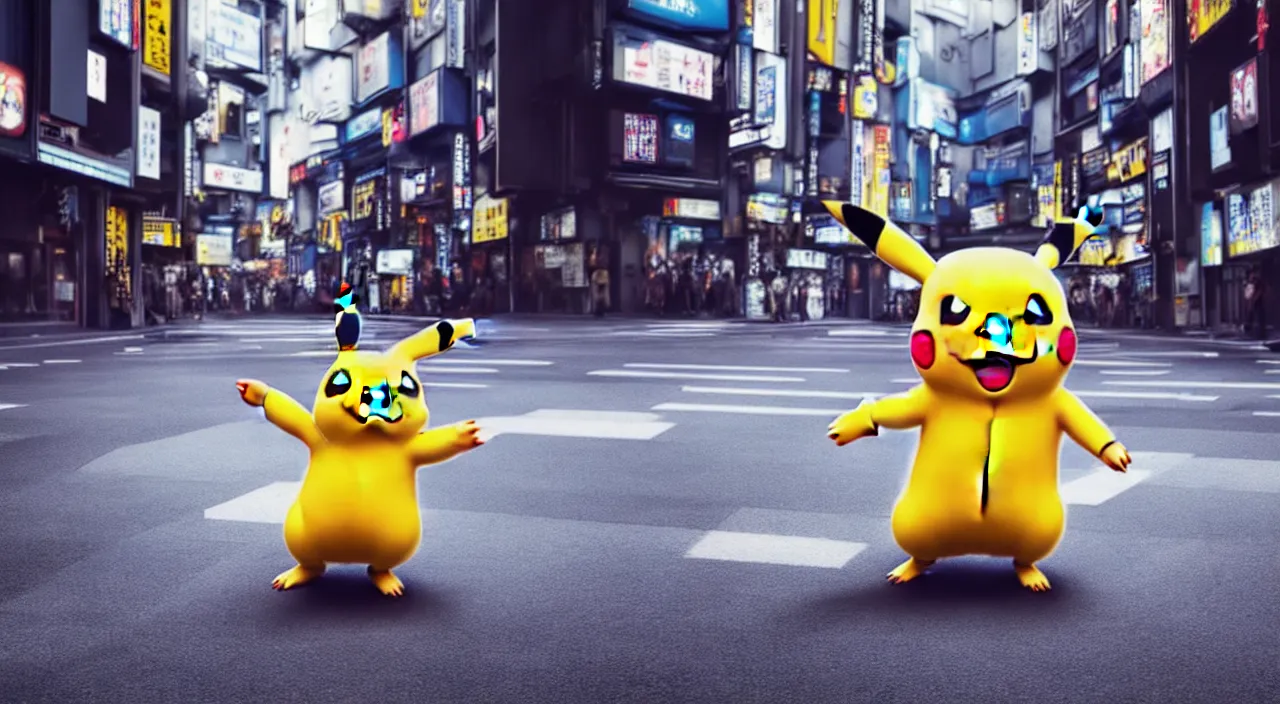 Prompt: hyperrealistic anthropomorphic pikachu dancing in the streets of dystopian tokio syd mead cinematic lighting 8k wide angle shallow depth of field