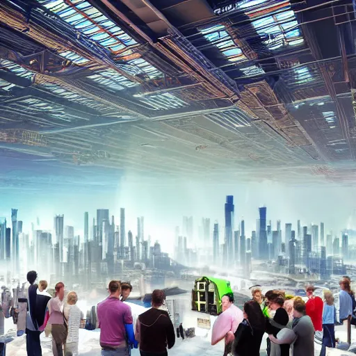 Image similar to large group people in open warehouse, looking at hologram of futuristic city on a table, cinematic concept art, godrays, golden hour, natural sunlight, 4 k, clear details, tabletop model buildings, tabletop model, hologram center table, crane shot, crane shot, crane shot, vr users foreground