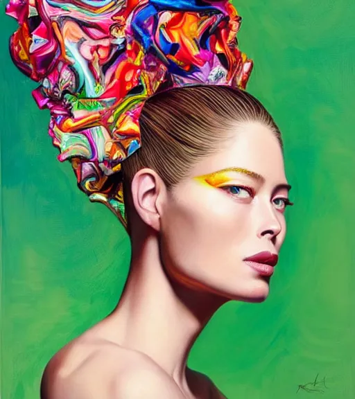Prompt: beautiful painting of doutzen kroes, contemporary, colorful acrylic, airbrush painting, realistic portrait by kehinde wiley and archan nair