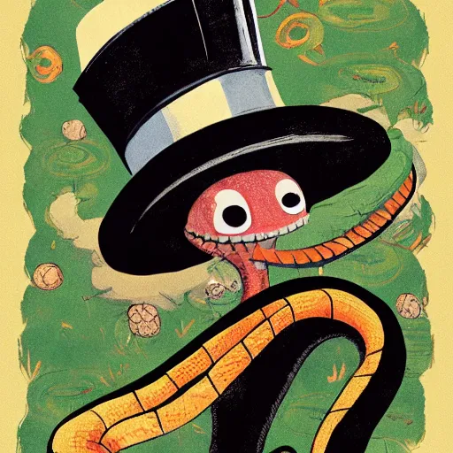 Prompt: snake man in top hat, children's book illustration, detailed, 4k