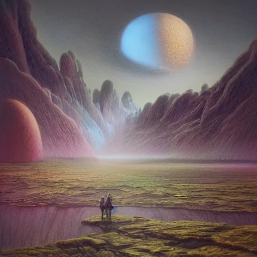 Image similar to artistic digital artwork of an epic natural scene on an alien planet. beautiful landscape by vincent bons, michael whelan, remedios varo and gerardo dottori. grainy and rough. interesting pastel colour palette. beautiful light. oil and water colour based on high quality render.