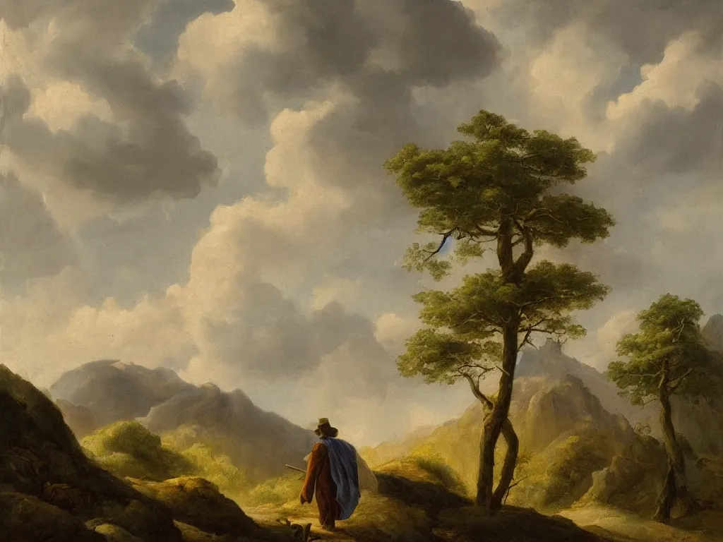 Image similar to a man in a grey cloak and brimmed hat with a staff travelling trough the mountains with trees in the style of neo-romanticism, very detailed, colorful, oil painting, clouds