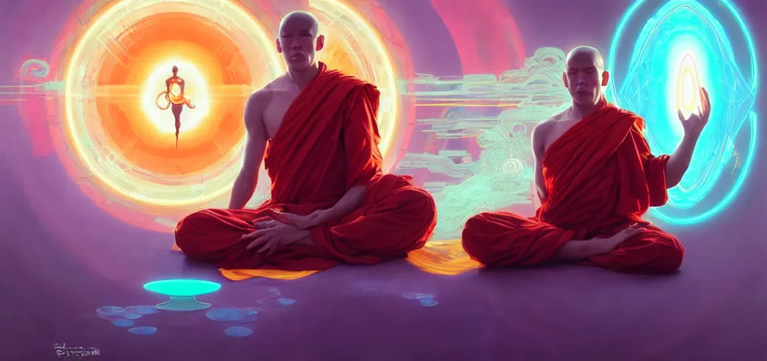 Prompt: a floating monk meditating, channeling swirling energy, wearing netrunner clothing, vaporwave aesthetic, colorful, psychedelic, digital painting, artstation, concept art, smooth, sharp focus, illustration, art by artgerm and greg rutkowski and alphonse mucha