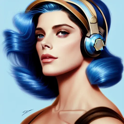 Prompt: Ashley Greene's face combined with Grace Kelly's face with blue hair wearing Power Armor and a headset, western, D&D, fantasy, intricate, elegant, highly detailed, digital painting, artstation, concept art, matte, sharp focus, illustration, art by Artgerm and Greg Rutkowski and Alphonse Mucha