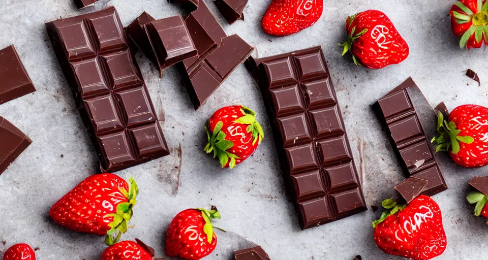 Image similar to A gourmet dark chocolate bar with a piece broken off, on an opened silver wrapper, next to sliced strawberries, on a wooden tray, macro lens product photo