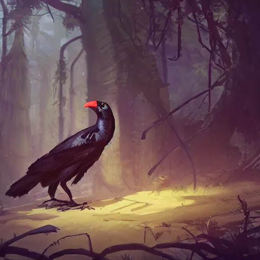 Prompt: concept art painting of an anthropomorphic humanoid steampunk crow, in the deep forest, realistic, detailed, cel shaded, in the style of makoto shinkai and greg rutkowski and james gurney