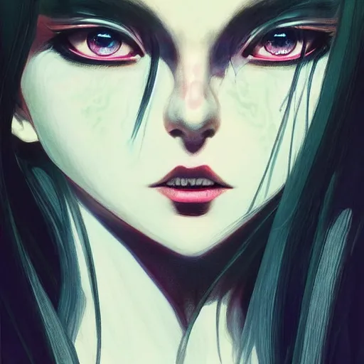 Image similar to A beautiful demon woman with big and cute eyes || VERY ANIME, fine-face, realistic shaded perfect face, fine details. Anime. realistic shaded lighting poster by Ilya Kuvshinov katsuhiro otomo ghost-in-the-shell, magali villeneuve, artgerm, Jeremy Lipkin and Michael Garmash, Rob Rey and Kentarõ Miura style, trending on art station