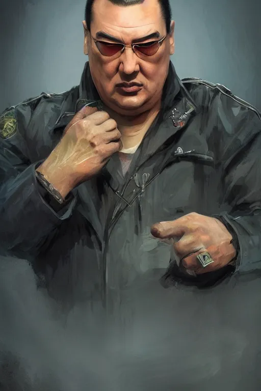 Image similar to sad steven seagal full body portrait in handcuffs, intricate, highly detailed, digital painting, artstation, concept art, smooth, sharp focus, illustration, whimsical background by marc simonetti, artwork by liam wong, patriotic