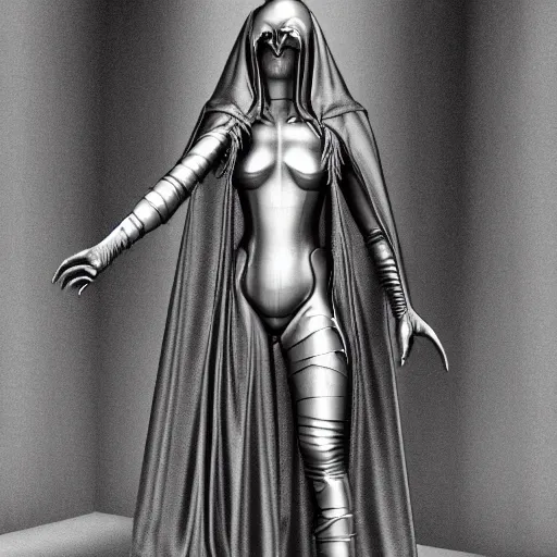 Image similar to 3 d chromium and graphite render of a cloaked cyborg machina - nymphette, portrait by tony diterlizzi and h. r giger, ilford hp 5, 5 5 mm, hyper realistic, hyper - mechanistic by artgerm, gustav dore, steve belledin, gothcore, disturbia, neil blevin