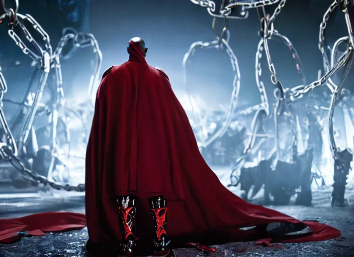 Image similar to film still of jamie foxx as spawn in the new spawn movie, giant chains, large cape, 8 k