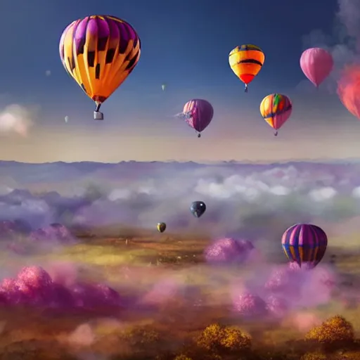 Image similar to colorful hot air balloons float over a fiery battlefield of smoke, fantasy, concept art, colorful, vivid