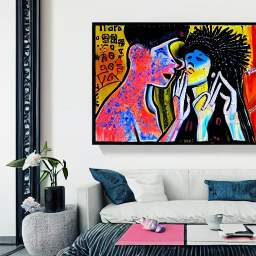 Prompt: acrylic painting of two bizarre psychedelic goth women kissing in japan in summer, speculative evolution, mixed media collage by basquiat and jackson pollock, maximalist magazine collage art, sapphic art, psychedelic illustration