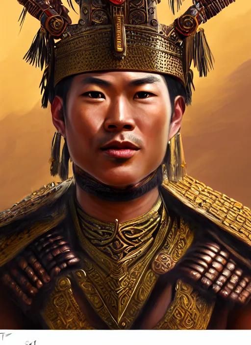 Image similar to smart tai warlord of lanna, closeup portrait, without beard and mustache, historical hero, ethnic group, tai costume, thai transitional bronze headdress, intricate, with leather armor cross on bare chest, elegant, loin cloth, highly detailed, oil painting, artstation, concept art, matte, sharp focus, illustration, hearthstone, art by earl norem