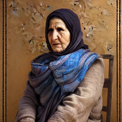 Image similar to hyperrealistic mixed media high resolution image of a beautiful Kurdish grandmother, stunning 3d render inspired art by István Sándorfi and Greg Rutkowski and Unreal Engine, perfect symmetry, dim volumetric lighting, 8k octane beautifully detailed render, post-processing, extremely hyper-detailed, intricate, epic composition, highly detailed attributes, highly detailed atmosphere, full body shot, cinematic lighting, masterpiece, trending on artstation, very very detailed, masterpiece, stunning, flawless structure, lifelike texture, perfection,