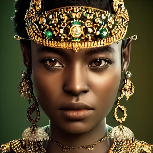 Prompt: photograph of wonderful princess with smooth dark skin, green jewelry, breathtaking, elegant, ornate, intricate, hyper detailed, accent lighting, dramatic light, 4 k octane render