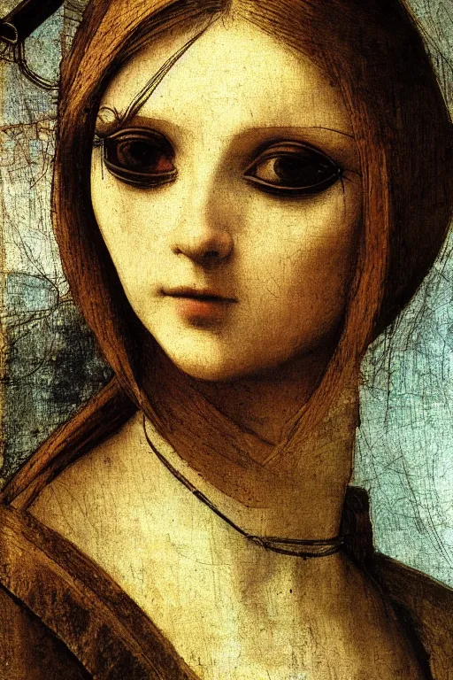 Image similar to a close - up portrait of a cyberpunk cyborg girl, by leonardo davinci, rule of thirds