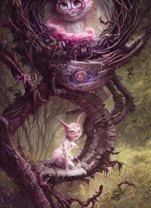 Image similar to Cheshire Cat,highly detailed,cinematic,8k,by Stanley Artgermm,Tom Bagshaw,Greg Rutkowski,Carne Griffiths, Ayami Kojima, Beksinski, Giger,Anne Stokes, Benjamin Lacombe,trending on DeviantArt,hyper detailed,horror, full of colour