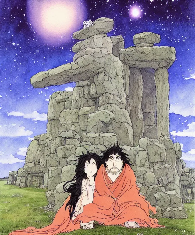 Image similar to a hyperrealist studio ghibli watercolor fantasy concept art. in the foreground is a giant long haired grey witch in lotus position sitting on top of stonehenge with a starry sky in the background. by rebecca guay, michael kaluta, charles vess