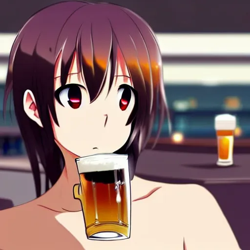 Image similar to Wholesome and masculine looking anime girl at a bar drinking a beer, warm glow from the lights, angle that looks up at her from below, deviantart, pixiv, detailed face, smug appearance, beautiful anime, detailed anime eyes with pupils, in the style of 90s anime, heavy focus on 90s and early 2000s style of anime