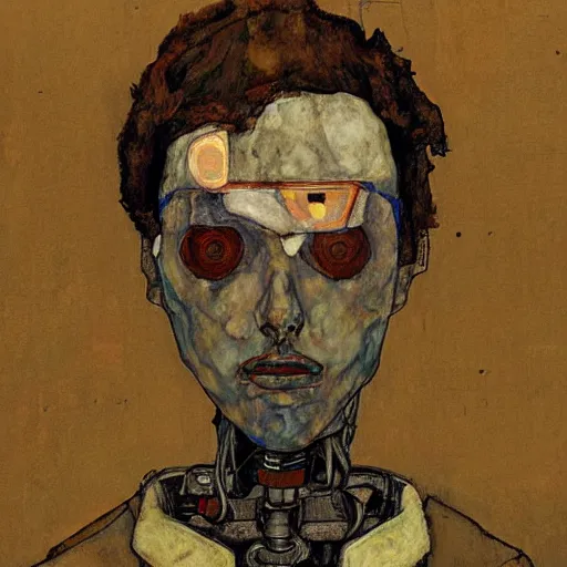 Image similar to portrait of a robot by egon schiele in the style of greg rutkowski