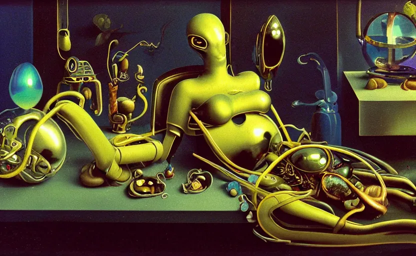 Image similar to strange seductive futuristic robot body, enticing colorful oil painting dutch golden age vanitas still life sparse composition with bulbous objects strange gooey transparent surfaces shiny metal reflections bizarre mutant meat insects rachel ruysch dali todd schorr very detailed perfect composition rule of thirds masterpiece canon 5 0 mm, cinematic lighting, photography, retro, film, kodachrome