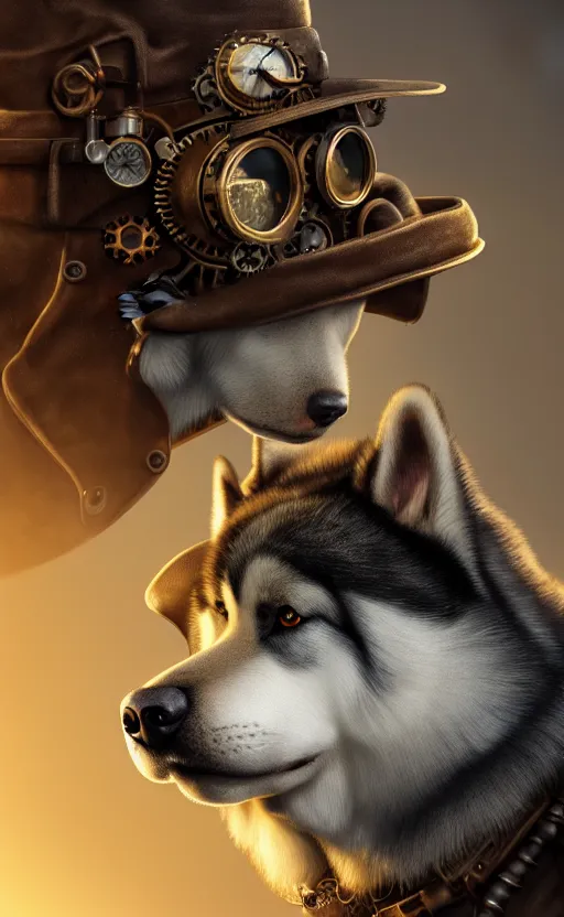 Prompt: hyper realistic ultra - detailed portrait of alaskan malamute face, steampunk hat with goggles and gears, upper body, detective coat, sharp focus, illustration, fantasy style, octane render, volumetric lighting, 8 k high definition, by greg rutkowski, highly detailed, trending on art station