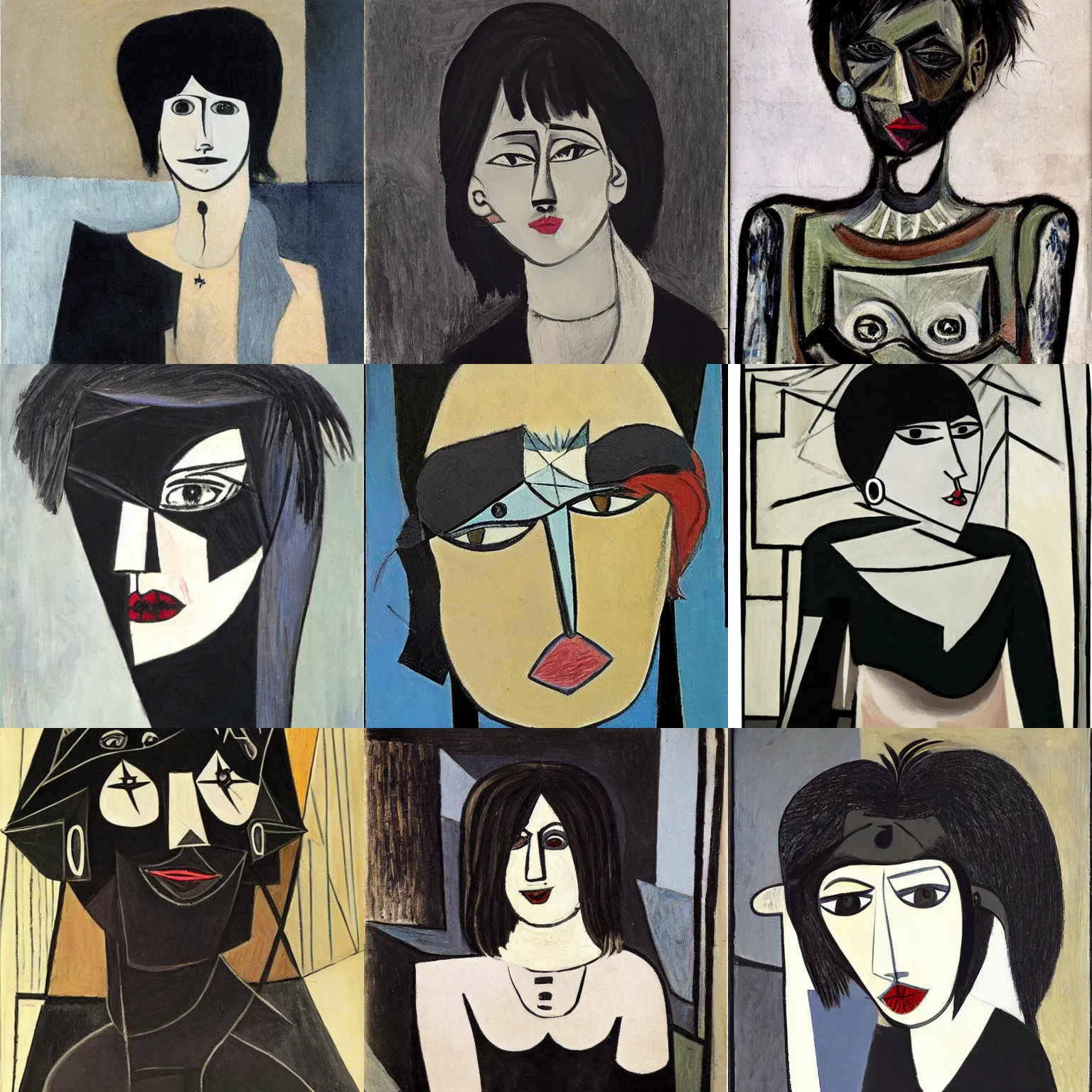 Prompt: an emo portrait painted by pablo picasso. her hair is dark brown and cut into a short, messy pixie cut. she has large entirely - black evil eyes. she is wearing a black tank top, a black leather jacket, a black knee - length skirt, a black choker, and black leather boots.