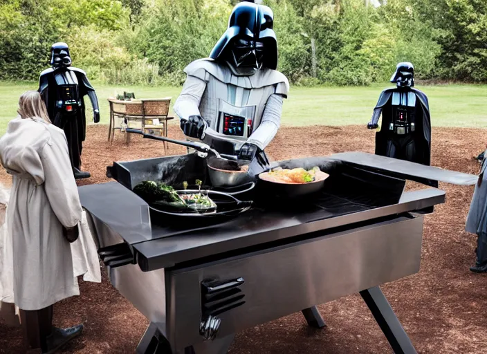 Image similar to film still of Darth Vader cooking on an outdoor grill in the new Star Wars movie, 4k