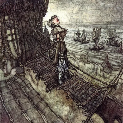 Prompt: Fantasy village, the inhabitant looking up at the sky. The sky is completely covered to the horizon by an incredibly giant airship-like ship. Extremely high detail, realistic, dark fantasy art, masterpiece, Arthur Rackham painting