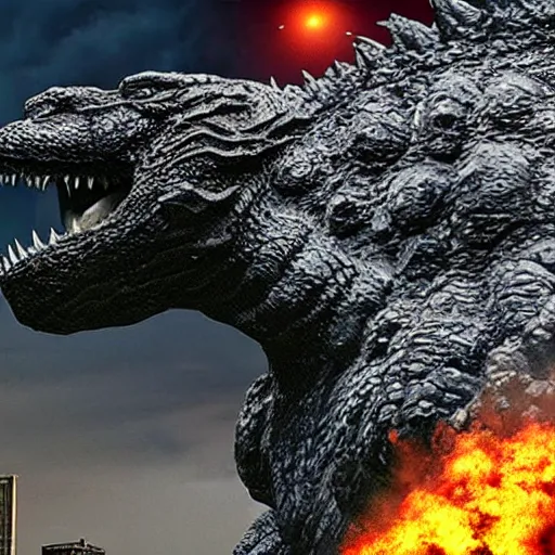 Image similar to an photo of Godzilla come out from the street hole, very realistic, high resolution,