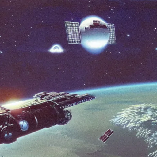 Prompt: distant view of abandoned beautiful space station floating in empty space, chris foss, terran trade authority