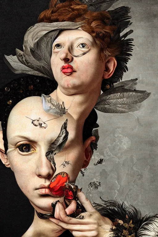 Prompt: Detailed maximalist portrait with large lips and with large pure white eyes, sad, exasperated expression, HD mixed media, 3D collage, highly detailed and intricate illustration in the style of Caravaggio, dark art, baroque