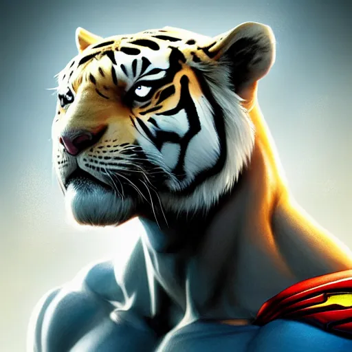 Image similar to a esthetic portrait commission of a muscular antrho albino tiger wearing the superman outfit,hyperdetailed face,character design by charlie bowater,ross tran,artgerm,makoto shibkai,photorealistic,western comic book art,film poster,deviantart,artstation