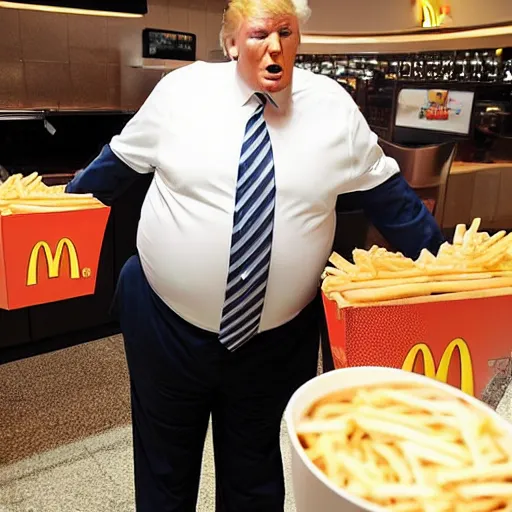 Image similar to a hugely fat version of Donald Trump, carrying a tray of big Macs, trying to squeeze in to a booth at McDonalds. Flash photograph at McDonalds