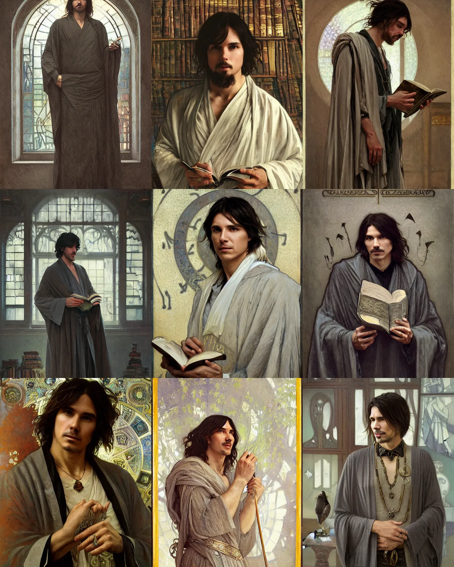 Prompt: portrait of david usher in gray robes, runes, jewelry, mystical, ethereal, magical library bokeh, painting by greg rutkowski and alphonse mucha